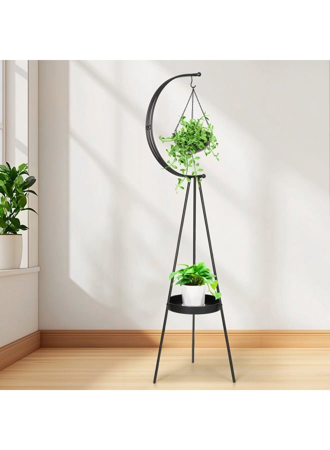 airogym Plant Stand, Metal Plant Holder Indoor Outdoor, Modern Iron Flower Pots Rack, Multifunctional Planter Display Shelf with Hanging Planters for Garden Patio Room, Corner Balcony Decor (Black) - Image 1