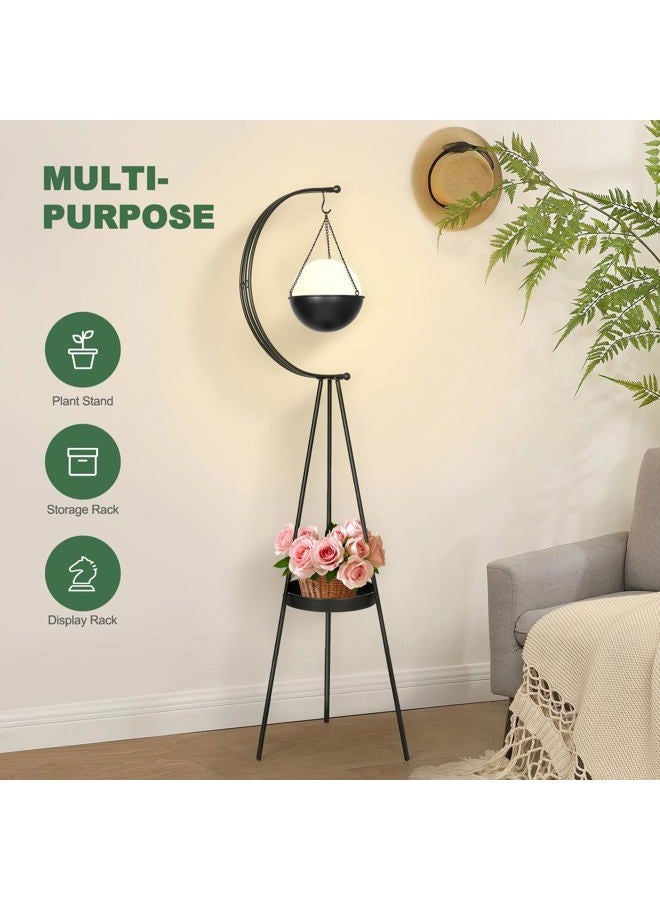 airogym Plant Stand, Metal Plant Holder Indoor Outdoor, Modern Iron Flower Pots Rack, Multifunctional Planter Display Shelf with Hanging Planters for Garden Patio Room, Corner Balcony Decor (Black) - Image 5