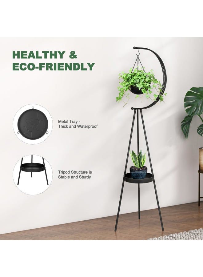 airogym Plant Stand, Metal Plant Holder Indoor Outdoor, Modern Iron Flower Pots Rack, Multifunctional Planter Display Shelf with Hanging Planters for Garden Patio Room, Corner Balcony Decor (Black) - Image 4