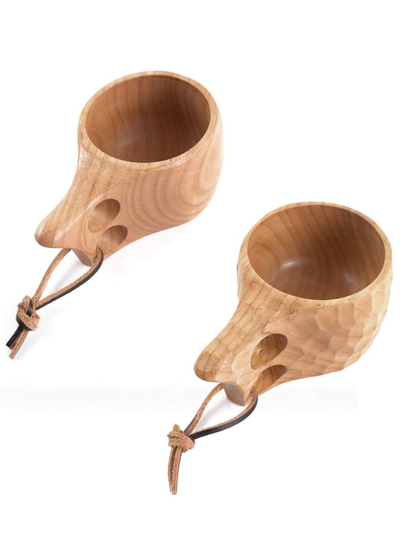 NIBEMINENT Natural Wood Mug, SYOSI 2Pcs Wooden Camping Mug Oak Coffee Cups Handcrafted Outdoor Cup with Leather Lanyard Portable Hiking Tableware  - Image 1