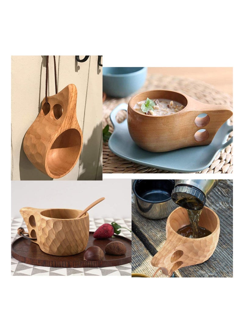 NIBEMINENT Natural Wood Mug, SYOSI 2Pcs Wooden Camping Mug Oak Coffee Cups Handcrafted Outdoor Cup with Leather Lanyard Portable Hiking Tableware  - Image 5