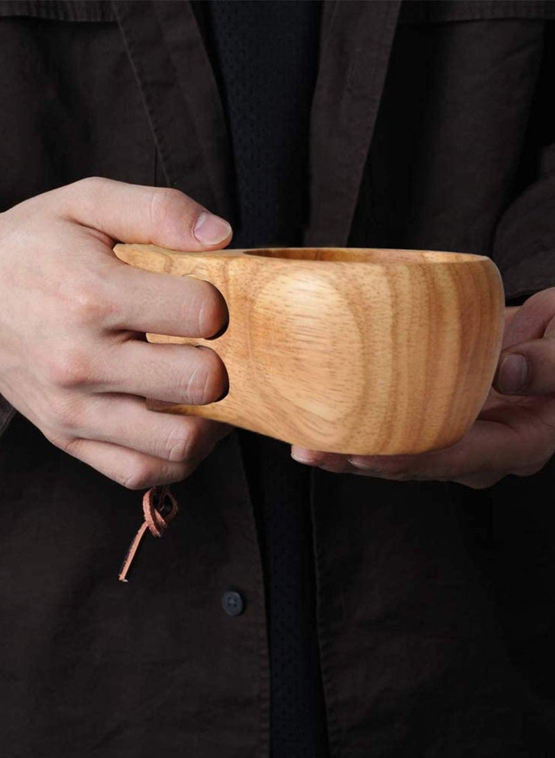 NIBEMINENT Natural Wood Mug, SYOSI 2Pcs Wooden Camping Mug Oak Coffee Cups Handcrafted Outdoor Cup with Leather Lanyard Portable Hiking Tableware  - Image 3