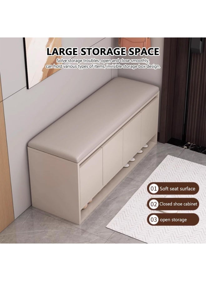 إيونتو مقعد تخزين أحذية مع 4 خزائن بأبواب متأرجحة ومساحة تخزين مخفية للمقاعد - مقعد أحذية مدخل من خشب MDF بطول 120 سم مع وسادة جلدية ناعمة، يتحمل حمولة 250 كجم، وأرفف قابلة للإزالة - Image 3
