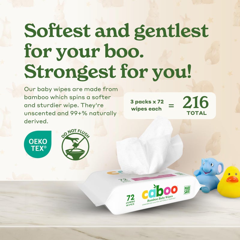 Caboo Baby Wipes, Made with Bamboo Viscose, Certified Made Safe Ingredients, Unscented Baby Wipes Good for Sensitive Skin, 72 Wipes Per Travel Pack, Total of 216 Wet Wipes - Image 2