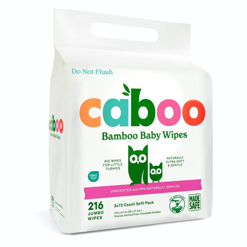 Caboo Baby Wipes, Made with Bamboo Viscose, Certified Made Safe Ingredients, Unscented Baby Wipes Good for Sensitive Skin, 72 Wipes Per Travel Pack, Total of 216 Wet Wipes - Image 1