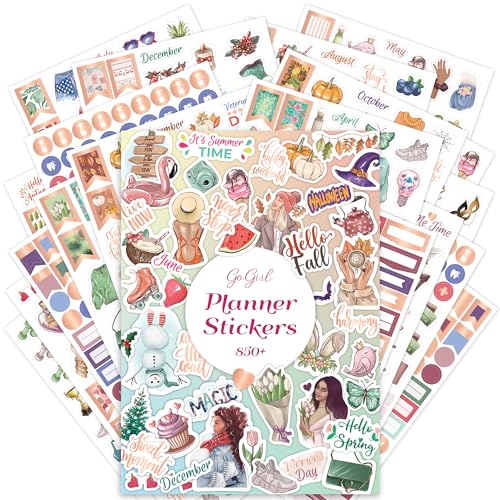 GoGirl Value Sticker Pack – 850+ Small Aesthetic Stickers for Planner, Journal & Calendar – Holidays, Seasonal Stickers, Inspirational Quotes, to-dos, Appointments, Budgeting & Text Boxes – 19 Sheets - Image 1