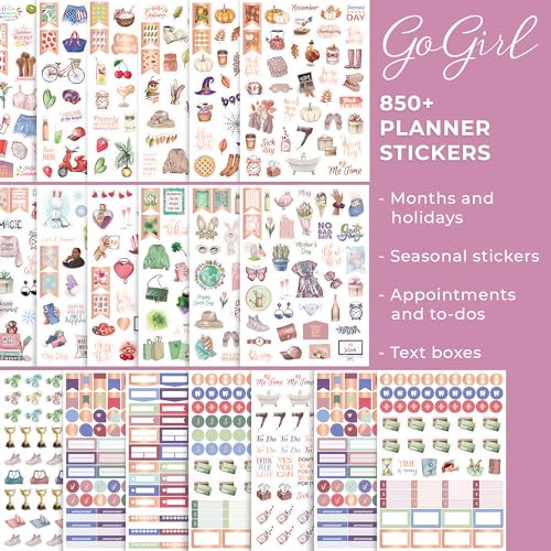 GoGirl Value Sticker Pack – 850+ Small Aesthetic Stickers for Planner, Journal & Calendar – Holidays, Seasonal Stickers, Inspirational Quotes, to-dos, Appointments, Budgeting & Text Boxes – 19 Sheets - Image 2