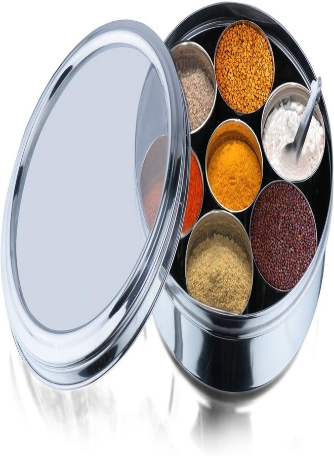 Vinod Stainless Steel Masala Dabba, Spice box, 7 Compartments with Lid, 8 inch Diameter, See-through - Image 1