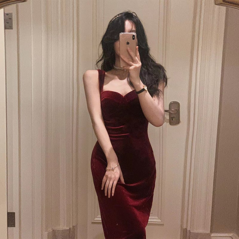 French Velvet Bodycon Slip Dress with Padding, V-Neck, Midi Length - Image 1