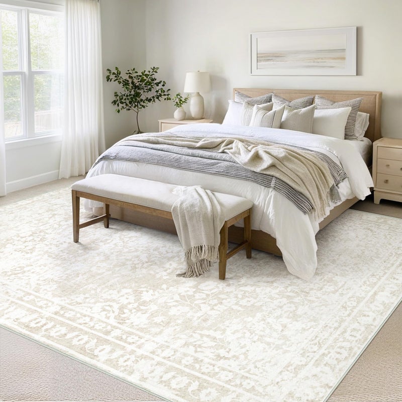 Aoyaomi Vintage Living Room Area Rug - 9x12 Large Machine Washable Boho Area Rug Distressed Floral Rugs for Bedroom, Soft Non-Slip Indoor Floor Accent Rugs for Office Dining Room (Cream Beige, 9'x12') - Image 4