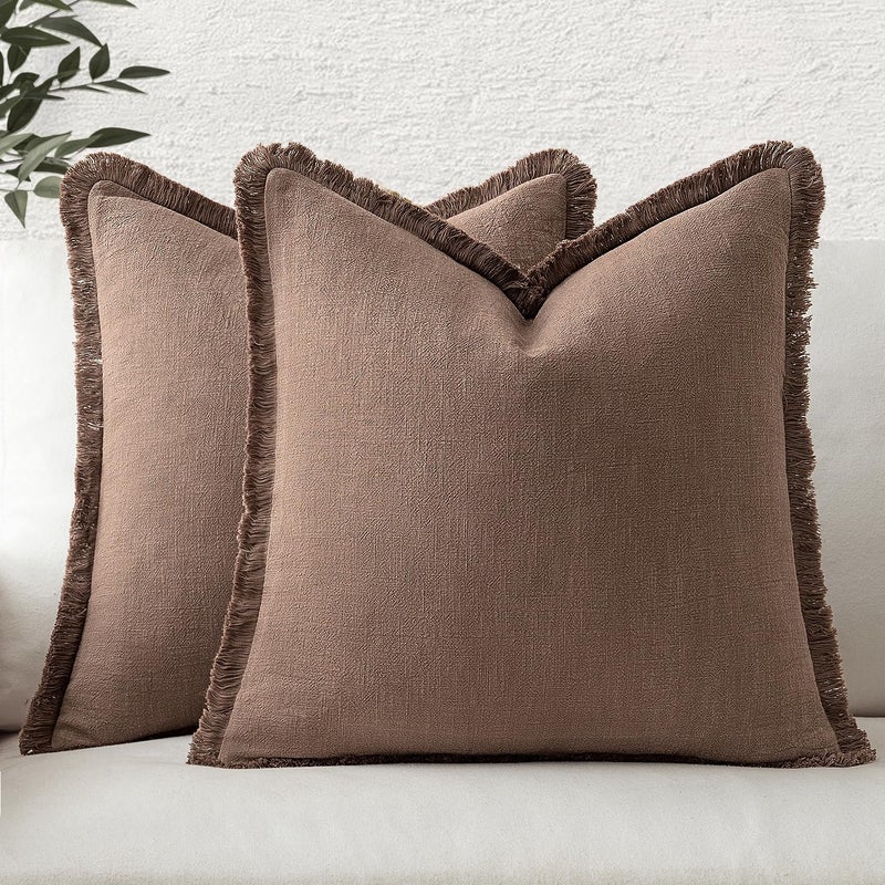 Miulee Decorative Throw Pillow Covers Neutral Linen Fringe Throw Pillows Set Of 2 Dark Coffee Boho Farmhouse Cushion Covers With Tassels For Couch Sofa Bed Living Room Spring Home Decor 20X20 Inch - Image 1