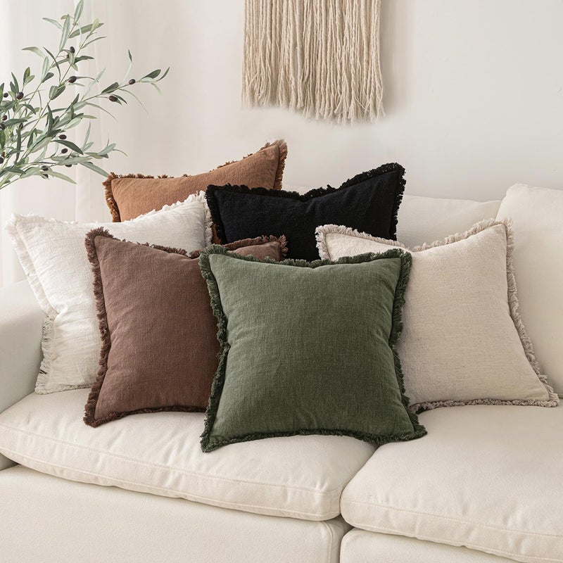 Miulee Decorative Throw Pillow Covers Neutral Linen Fringe Throw Pillows Set Of 2 Dark Coffee Boho Farmhouse Cushion Covers With Tassels For Couch Sofa Bed Living Room Spring Home Decor 20X20 Inch - Image 5