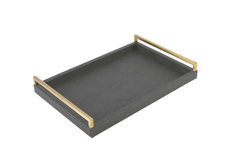 WV 17.8 * 11.8" Grey Shagreen Large Serving Tray with Brushed Gold Handle,Faux Leather Home Decorative Tray, Coffee Table Tray for Living Room, Dinning, Vanity ï¼ˆGrey - Image 1