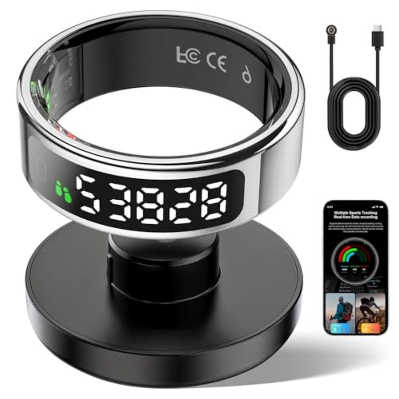Fitness tracker ring for daily activity monitoring, made of hypoallergenic stainless steel in matte black, featuring sleep and heart rate tracking, step counting, remote phone control, IP68 waterproofing, and 7-day battery life - Image 1