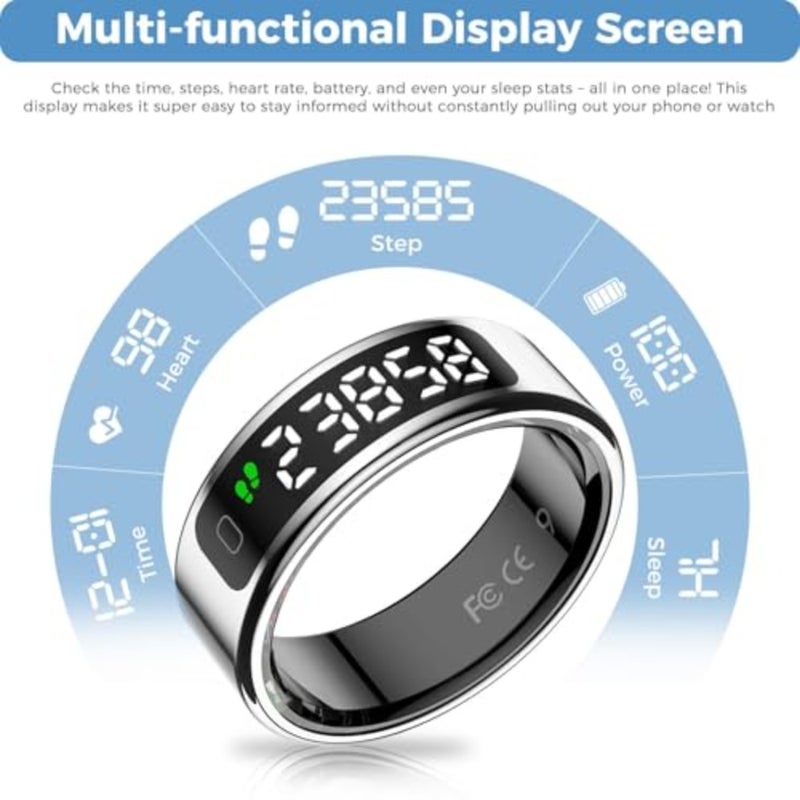 Fitness tracker ring for daily activity monitoring, made of hypoallergenic stainless steel in matte black, featuring sleep and heart rate tracking, step counting, remote phone control, IP68 waterproofing, and 7-day battery life - Image 2