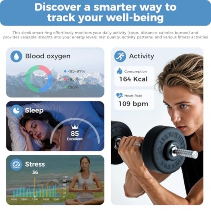 Fitness tracker ring for daily activity monitoring, made of hypoallergenic stainless steel in matte black, featuring sleep and heart rate tracking, step counting, remote phone control, IP68 waterproofing, and 7-day battery life - Image 4