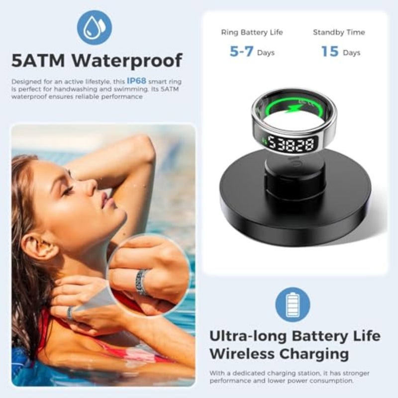 Fitness tracker ring for daily activity monitoring, made of hypoallergenic stainless steel in matte black, featuring sleep and heart rate tracking, step counting, remote phone control, IP68 waterproofing, and 7-day battery life - Image 5