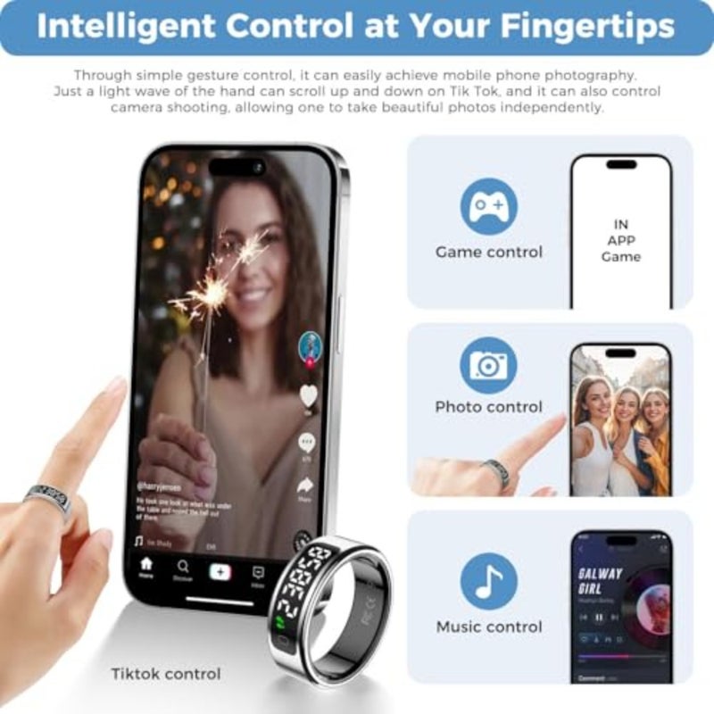 Fitness tracker ring for daily activity monitoring, made of hypoallergenic stainless steel in matte black, featuring sleep and heart rate tracking, step counting, remote phone control, IP68 waterproofing, and 7-day battery life - Image 3