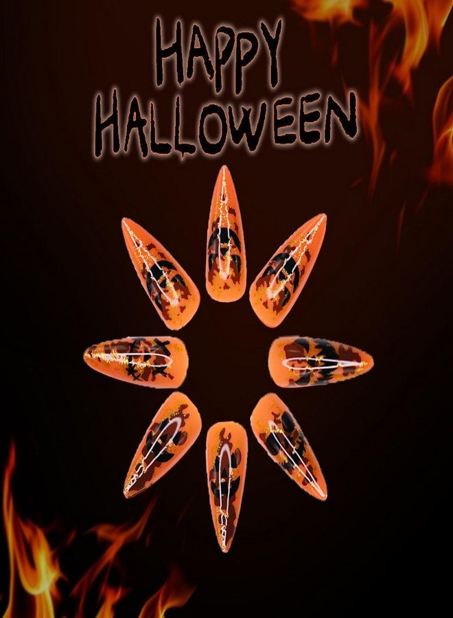 OFDNE Halloween Press on Nails Long Almond OFDNE Horror Orange Fake Nails Glossy False Nails with Black Demon Gold Foil Designs Sparkly Full Cover Acrylic Nails for Women Girls 24Pcs - Image 4
