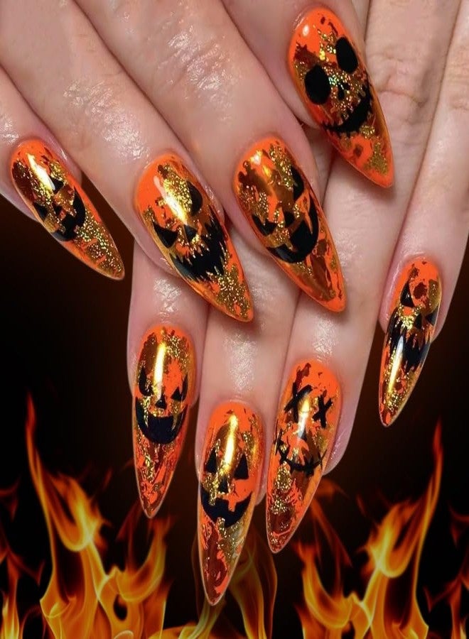 OFDNE Halloween Press on Nails Long Almond OFDNE Horror Orange Fake Nails Glossy False Nails with Black Demon Gold Foil Designs Sparkly Full Cover Acrylic Nails for Women Girls 24Pcs - Image 1
