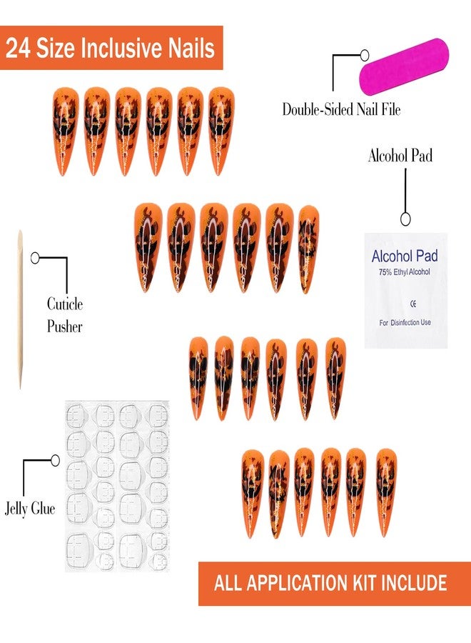 OFDNE Halloween Press on Nails Long Almond OFDNE Horror Orange Fake Nails Glossy False Nails with Black Demon Gold Foil Designs Sparkly Full Cover Acrylic Nails for Women Girls 24Pcs - Image 3