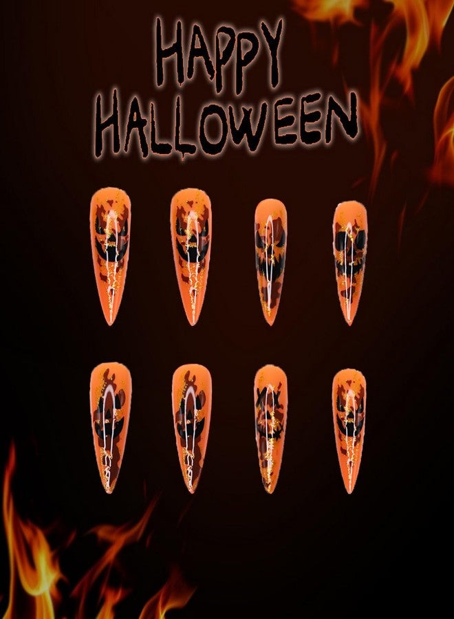 OFDNE Halloween Press on Nails Long Almond OFDNE Horror Orange Fake Nails Glossy False Nails with Black Demon Gold Foil Designs Sparkly Full Cover Acrylic Nails for Women Girls 24Pcs - Image 5