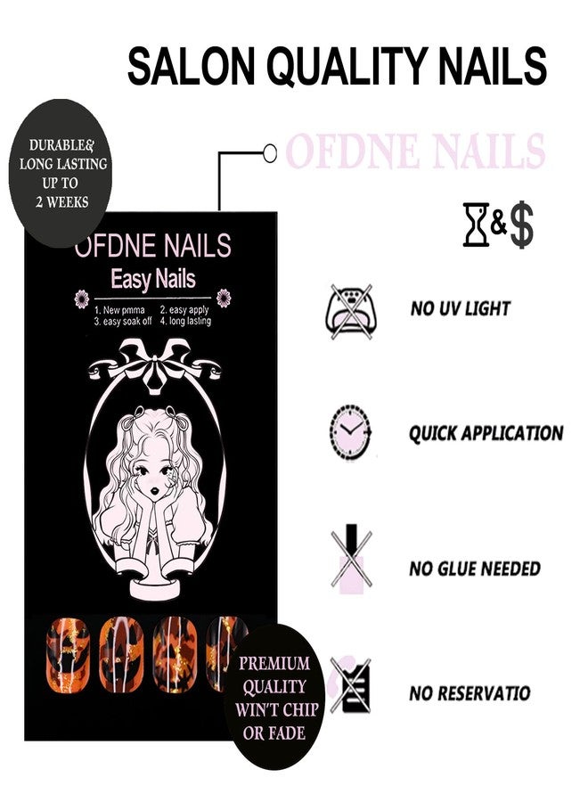 OFDNE Halloween Press on Nails Long Almond OFDNE Horror Orange Fake Nails Glossy False Nails with Black Demon Gold Foil Designs Sparkly Full Cover Acrylic Nails for Women Girls 24Pcs - Image 2