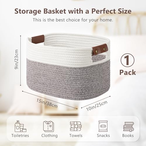 ECDYQXVU Cotton Rope Basket, Storage Baskets with Handle, 15x10x9 Inch Woven Basket for Shelves, Laundry, Towels, Clothes, Books (White Brown 1 Pack) - Image 3
