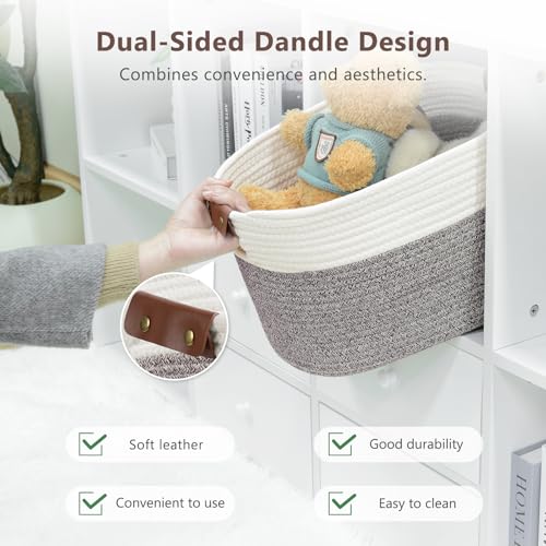 ECDYQXVU Cotton Rope Basket, Storage Baskets with Handle, 15x10x9 Inch Woven Basket for Shelves, Laundry, Towels, Clothes, Books (White Brown 1 Pack) - Image 5