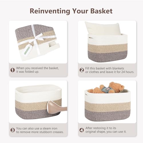 ECDYQXVU Cotton Rope Basket, Storage Baskets with Handle, 15x10x9 Inch Woven Basket for Shelves, Laundry, Towels, Clothes, Books (White Brown 1 Pack) - Image 4