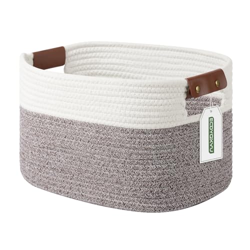 ECDYQXVU Cotton Rope Basket, Storage Baskets with Handle, 15x10x9 Inch Woven Basket for Shelves, Laundry, Towels, Clothes, Books (White Brown 1 Pack) - Image 1