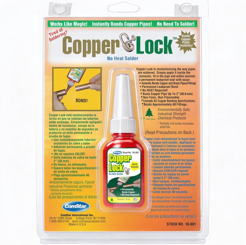 Copper Lock, No Heat Solder for Copper & Brass Pipes, Instant Leak-Proof Seal Up to 500 PSI, Handles All Refrigerants, Withstands -60°F to 300°F,10 ml Bonding Solution for HVAC (10-801)
