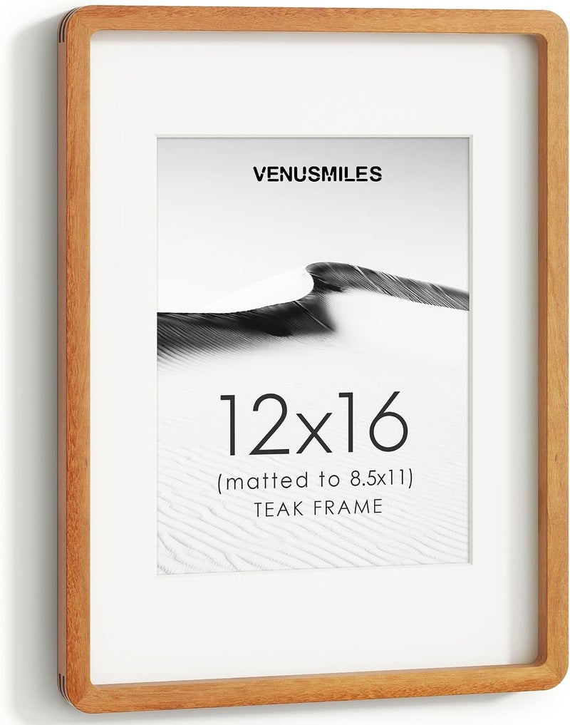 Venusmiles إطار صور 12x16 بوصة، خشب تيك طبيعي من الولايات المتحدة، إطار صور مجمّع مع زجاج مقسّى عالي الوضوح، إطار خشبي بسيط حديث 12x16 مع حافة داخلية مقاس 8.5x11، تعليق عمودي وأفقي على الحائط - Image 1
