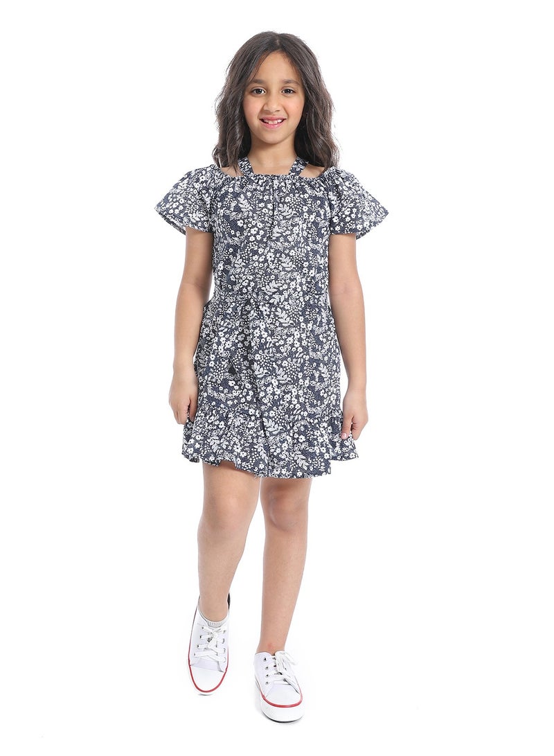 Andora Off-Shoulders Girls Dress With Belt_White & Navy Blue - Image 1