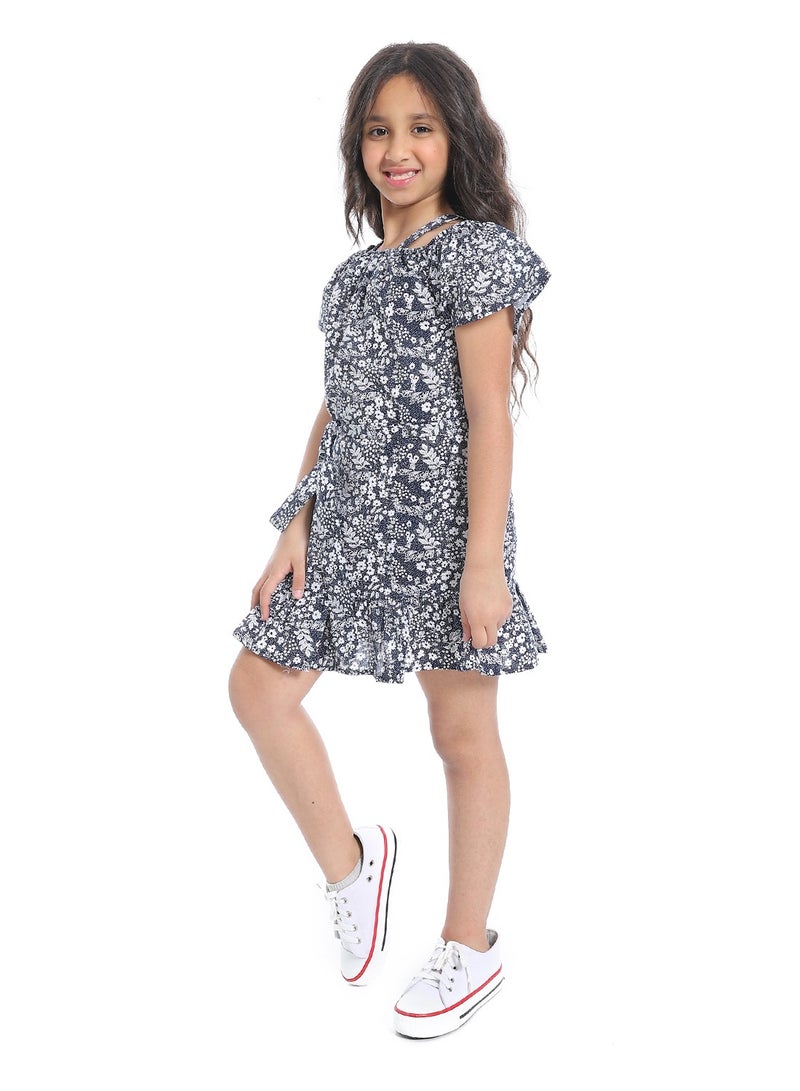 Andora Off-Shoulders Girls Dress With Belt_White & Navy Blue - Image 2