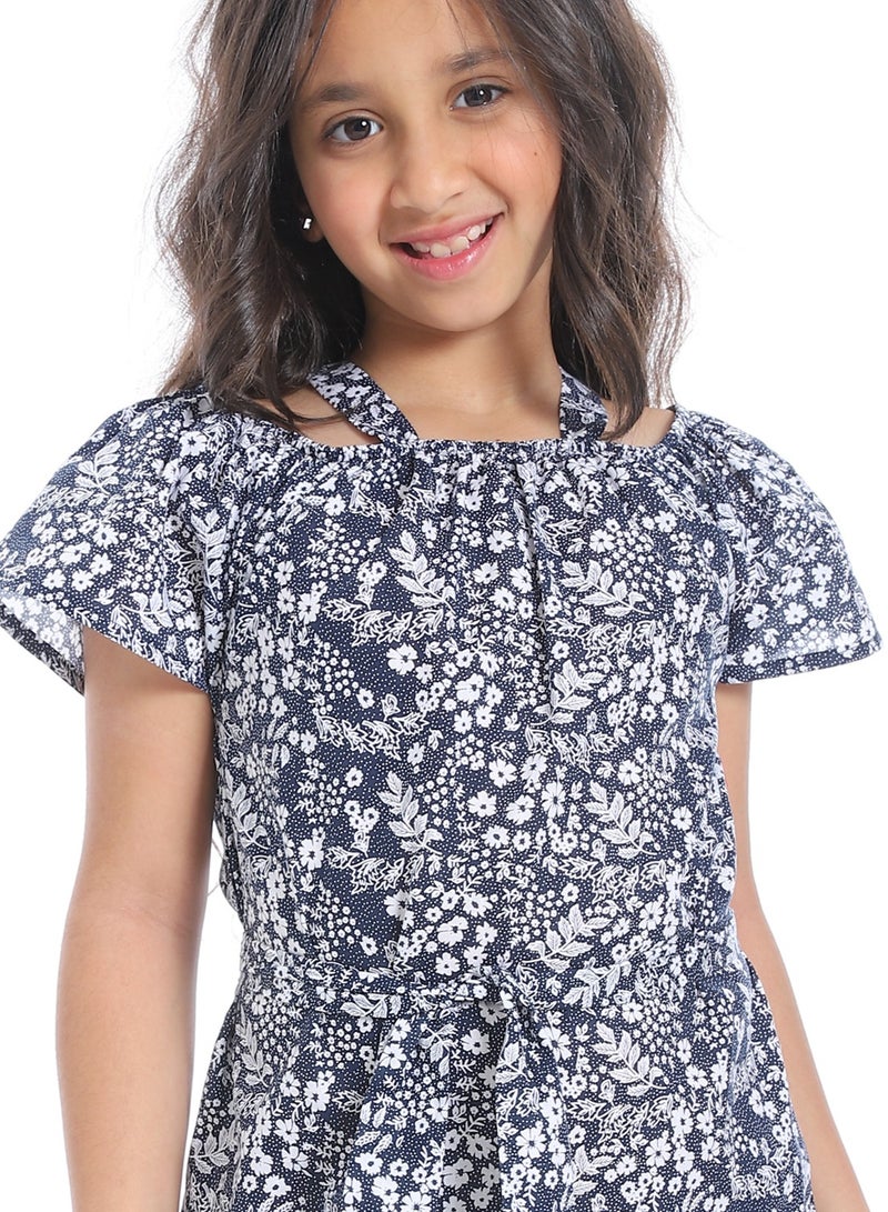 Andora Off-Shoulders Girls Dress With Belt_White & Navy Blue - Image 5