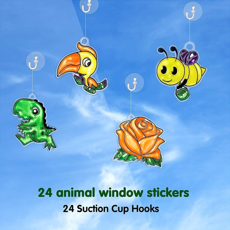 WILLBOND 24 Pieces Suncatchers Craft Kits Assorted Sun Catcher for Art Window Suncatchers Kits with 24 Pieces Suction Cups for Painting Crafts Christmas Home Decor Supplies (Animals Theme) - Image 2
