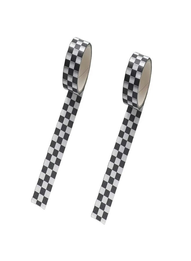 Sluswallow 2Pcs Black White Decorative Washi Tape Compact Checkerboard Pattern Paper Tape DIY Fade-Resistant Arts Black and White Washi Tape and Arts and Crafts Tape Adhesives, Arts and Crafts Tape - Image 1