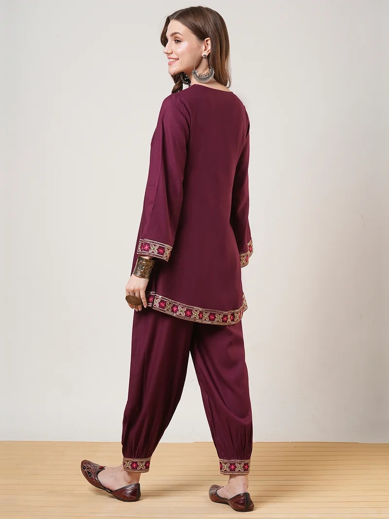 globus Women Embroidered Yoke Bell Sleeves Tunic & Afghani Pants Fusion Co-Ord Set