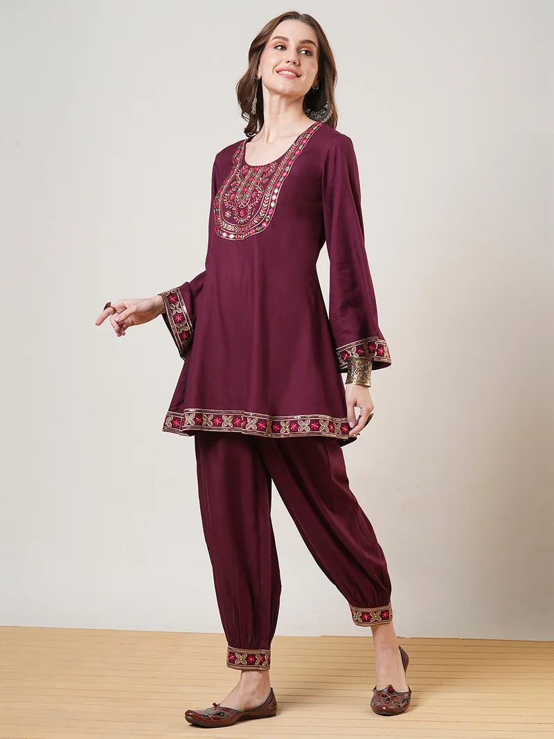 globus Women Embroidered Yoke Bell Sleeves Tunic & Afghani Pants Fusion Co-Ord Set