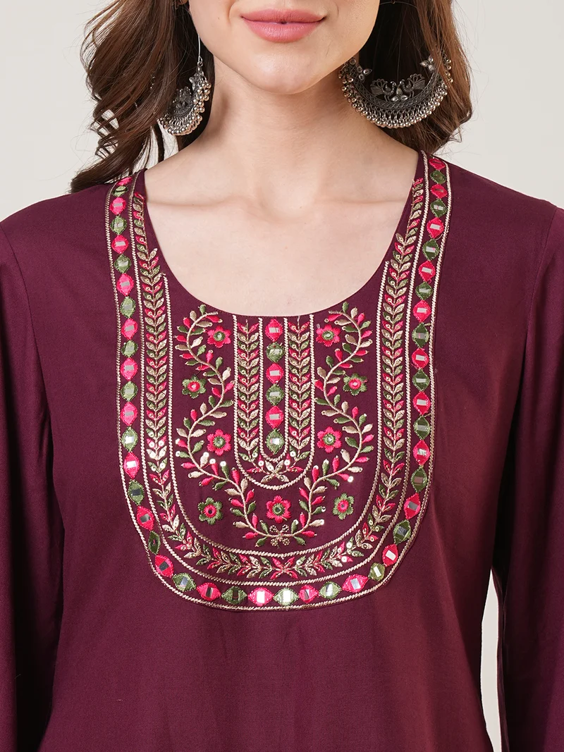 globus Women Embroidered Yoke Bell Sleeves Tunic & Afghani Pants Fusion Co-Ord Set