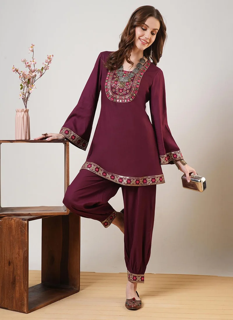 Globus Women Embroidered Yoke Bell Sleeves Tunic & Afghani Pants Festive Co-Ord Set
