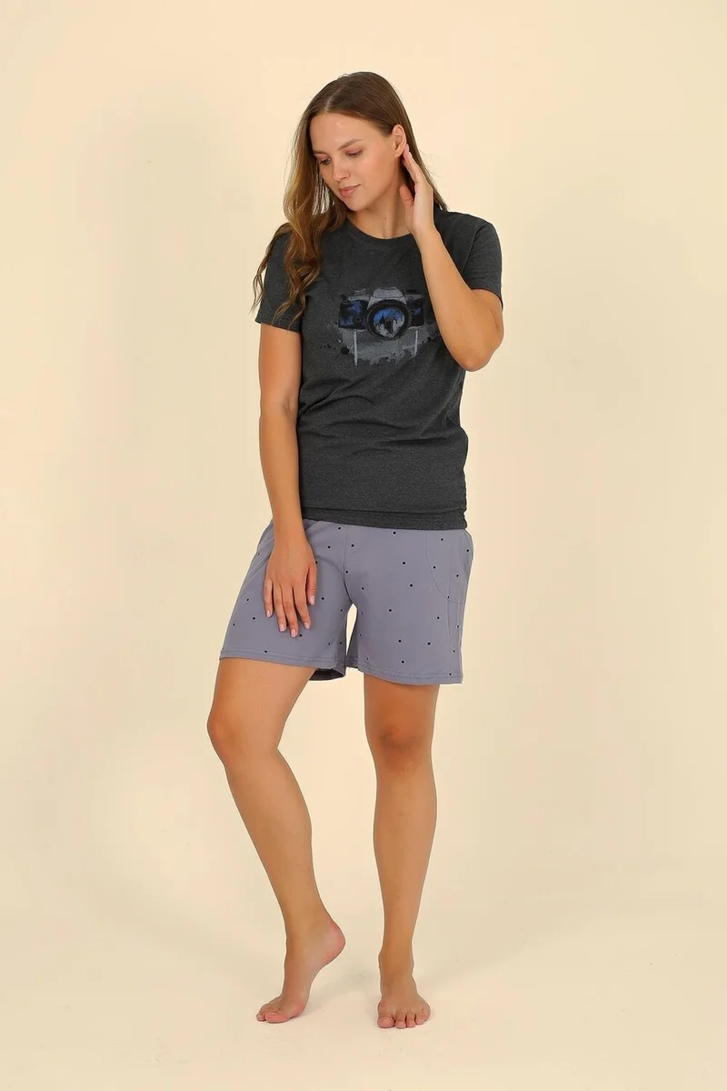 Akbeniz Women's Short Sleeve Combed Cotton Pajama Set Smoked 3622