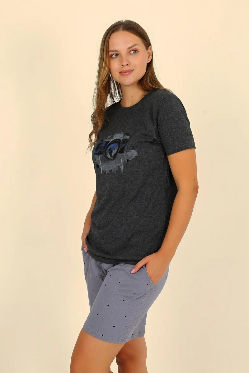 Akbeniz Women's Short Sleeve Combed Cotton Pajama Set Smoked 3622