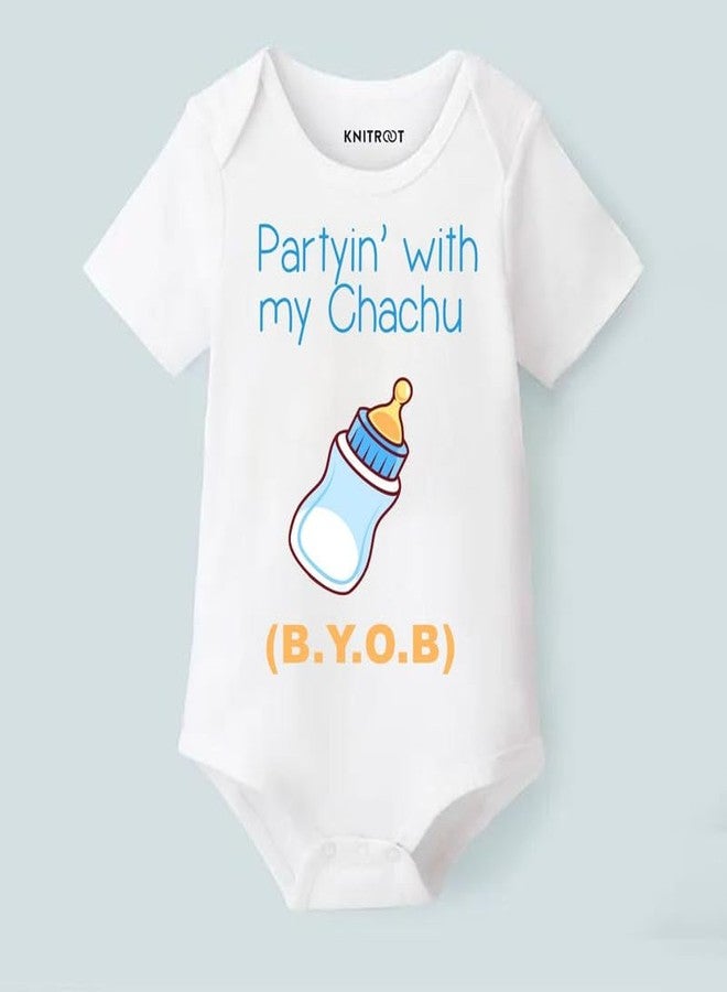 KNITROOT Chachu Family Special Onesies, Unisex Baby Kids Cotton Lycra Envelope Neck Half Sleeve White Romper, Bodysuit, Sleepsuit, Partyin With My Chachu, 0-3 Months, Infant Cloth for Boys & Girls - Image 3