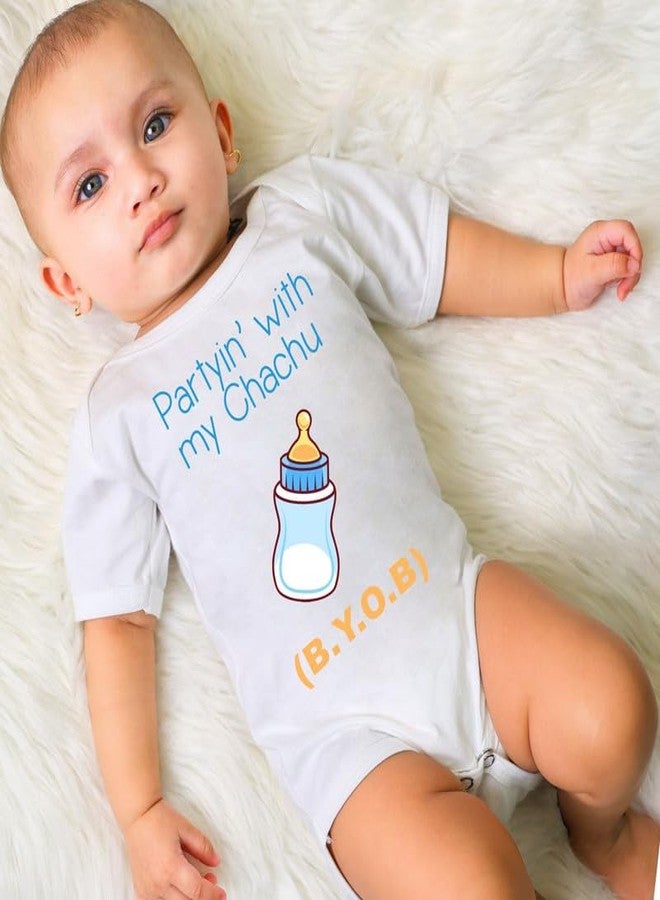 KNITROOT Chachu Family Special Onesies, Unisex Baby Kids Cotton Lycra Envelope Neck Half Sleeve White Romper, Bodysuit, Sleepsuit, Partyin With My Chachu, 0-3 Months, Infant Cloth for Boys & Girls - Image 2