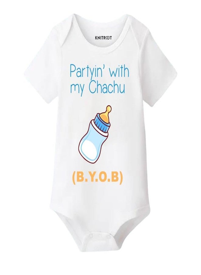 KNITROOT Chachu Family Special Onesies, Unisex Baby Kids Cotton Lycra Envelope Neck Half Sleeve White Romper, Bodysuit, Sleepsuit, Partyin With My Chachu, 0-3 Months, Infant Cloth for Boys & Girls - Image 1