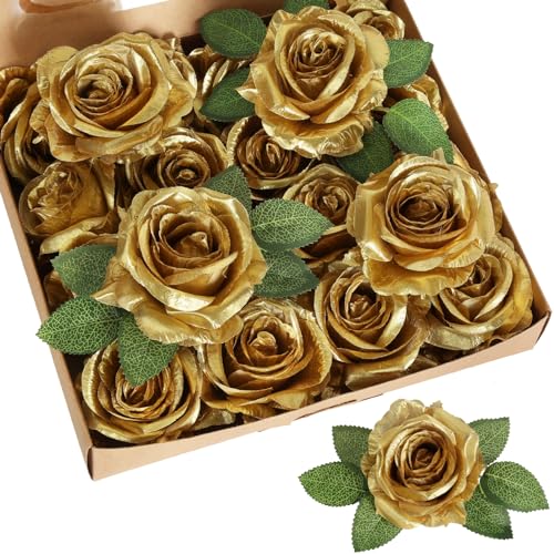 INSUNSIX 20pcs Gold Roses Artificial Flowers Fake Roses Real Looking Silk Flowers Bulk Big Faux Flowers with Stems for Wedding Centerpieces Table Home Party Decoration Bridal Floral Arrangement Gold