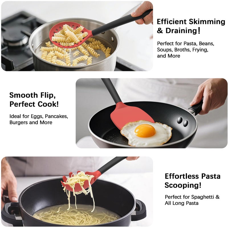 Coukre Silicone Kitchen Cooking Utensils Set with Holder â€“ Heat-Resistant, Food-Grade Kitchen Tools, Spatula, Spoon & Gadgets for Non-Stick Pans, Dishwasher Safe (14, Red) - Image 3