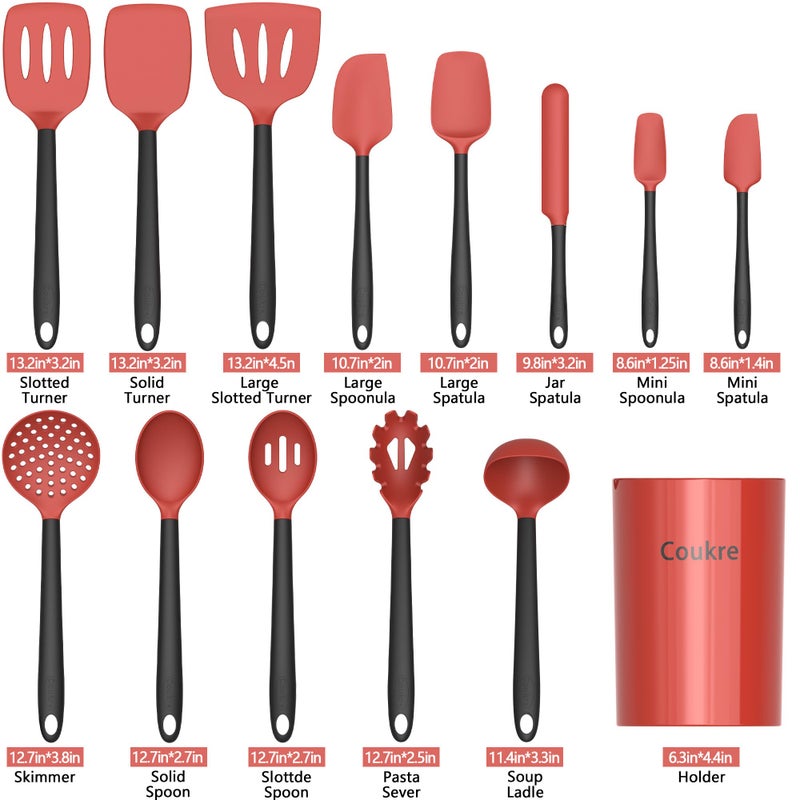 Coukre Silicone Kitchen Cooking Utensils Set with Holder â€“ Heat-Resistant, Food-Grade Kitchen Tools, Spatula, Spoon & Gadgets for Non-Stick Pans, Dishwasher Safe (14, Red) - Image 2